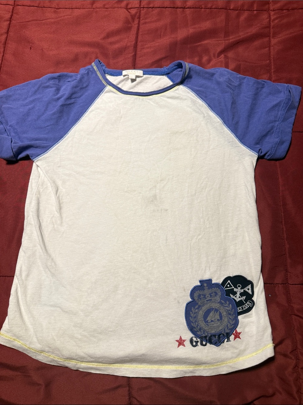 Gucci White Body Raglan Tee with Blue Sleeves and Navy Patches